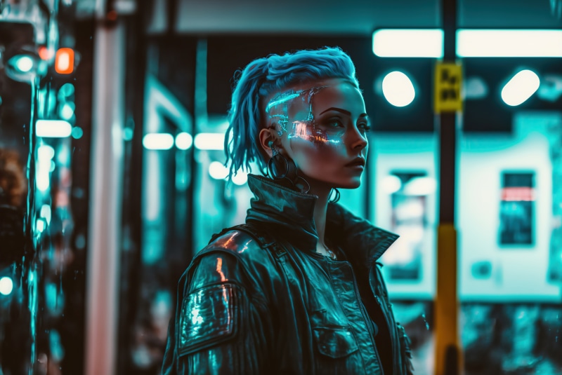 Cyberpunk woman with blue hair and glowing face tattoos