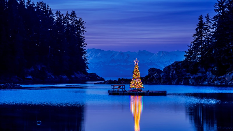 Christmas Tree on a Dock in a Lake at Dusk