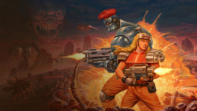 Blazing Chrome characters fighting alien monsters