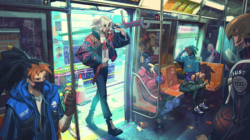 League of Legends characters on a subway train