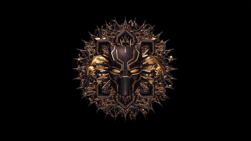 Black Panther mask with ornate golden mandala