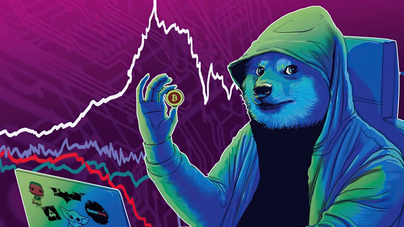 Dogecoin holding Bitcoin with stock charts