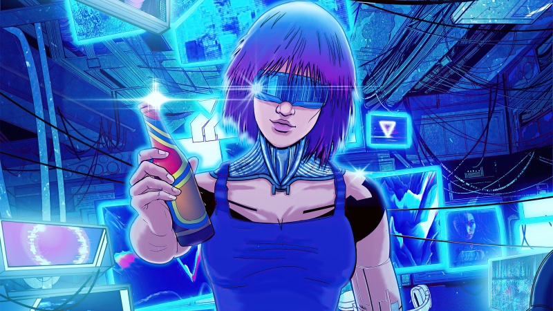 Cyberpunk woman with purple hair holding a bottle