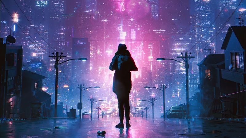 Person standing in a neon-lit cyberpunk city