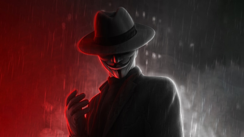Anonymous figure in a fedora and mask in the rain