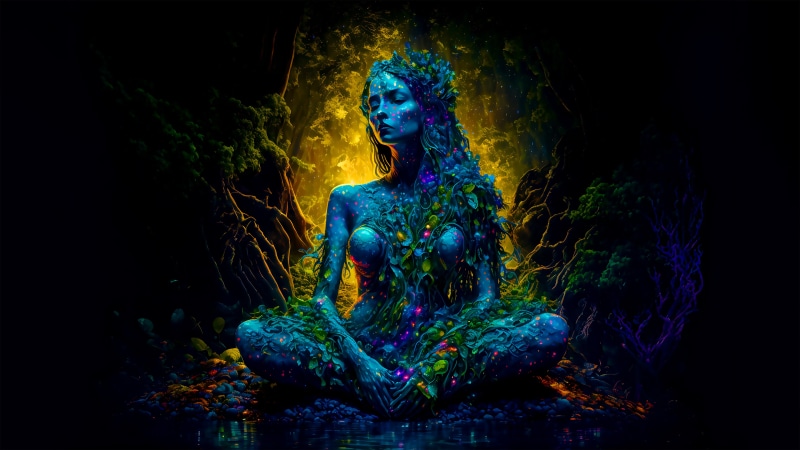 Fantasy woman covered in leaves and glowing lights meditating