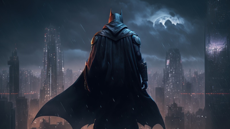 Batman standing on a rooftop overlooking a city at night