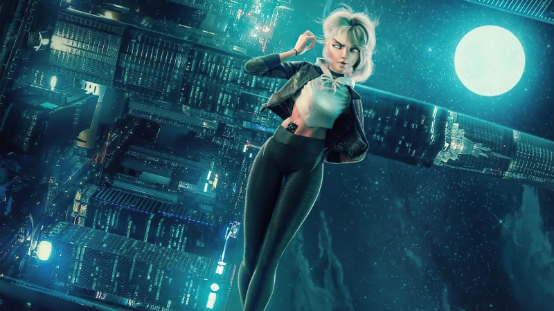 Gwen Stacy in a futuristic city with a large moon