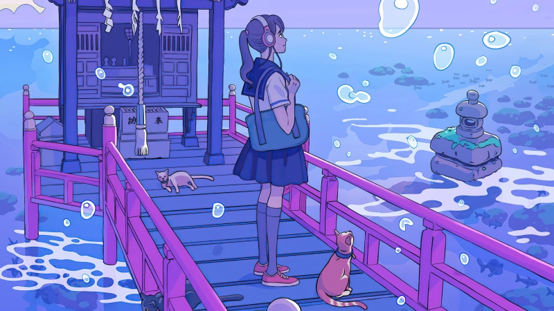 Girl in sailor uniform on a bridge with cats