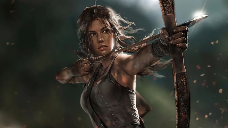 Lara Croft from Tomb Raider aiming a bow and arrow