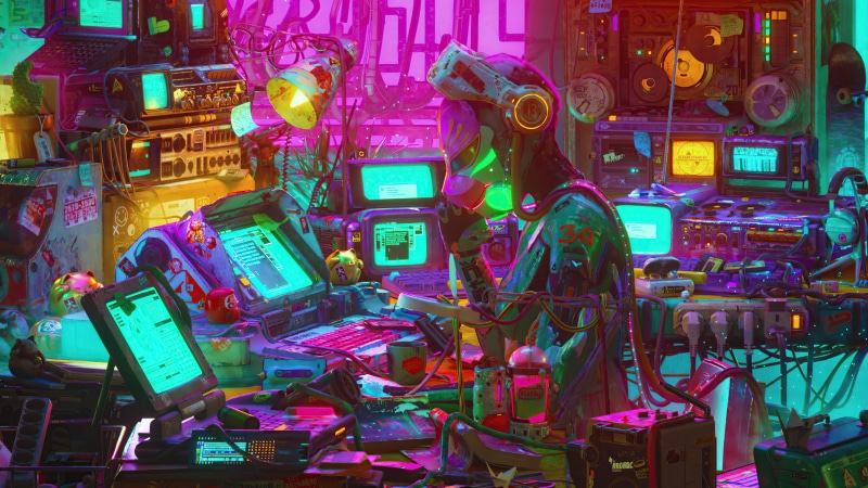 Cyberpunk hacker's messy workstation with VR headset