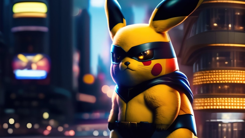 Pikachu the superhero in a futuristic city