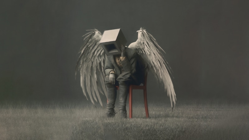 Angel with a box for a head sitting on a chair