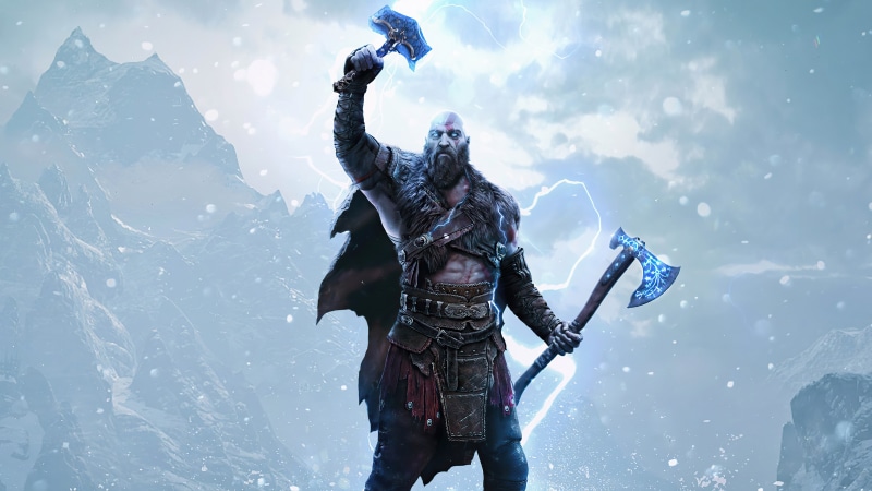 Kratos from God of War holding Mjolnir and Leviathan Axe