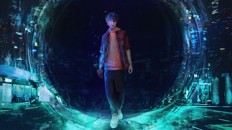 Man walking through a futuristic portal