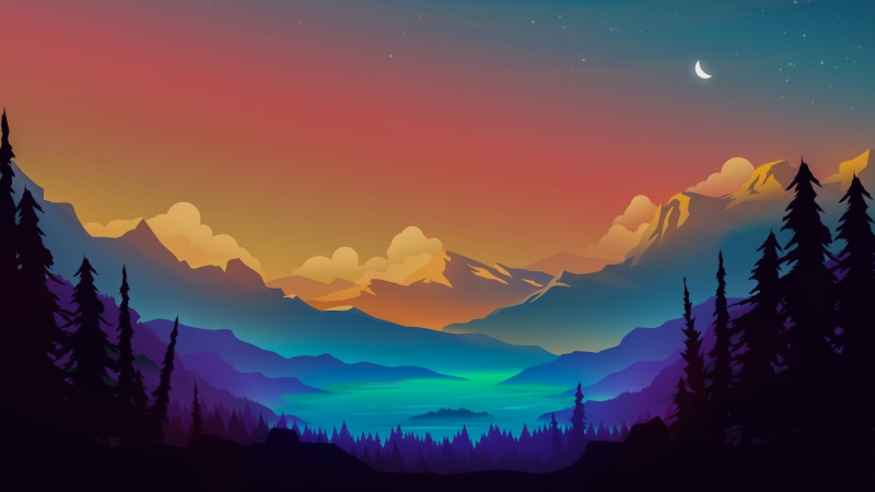 Digital Art Landscape with Mountains and Lake at Sunset