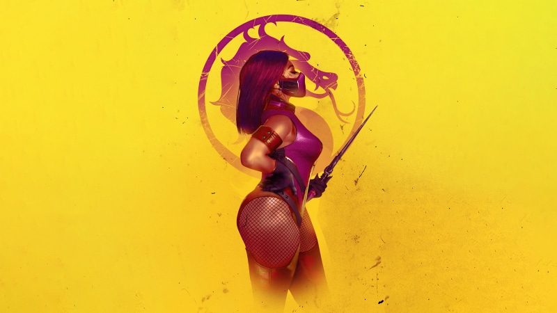Mileena from Mortal Kombat with dragon logo