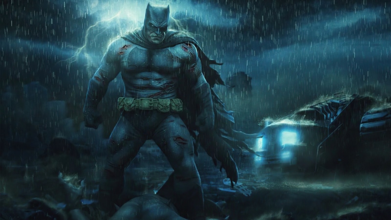Batman in the rain with lightning