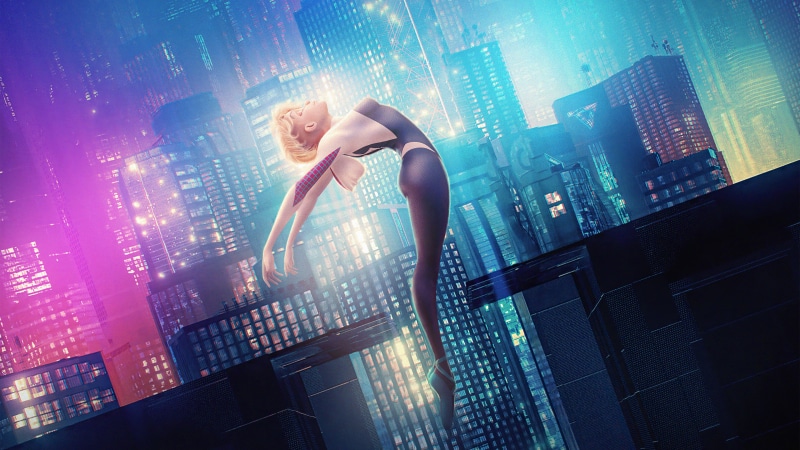 Gwen Stacy from Spider-Man in a futuristic city