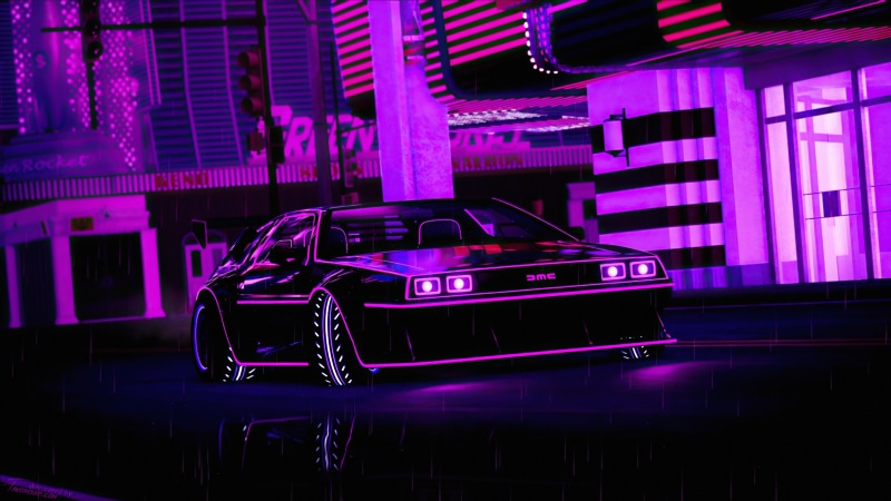 DeLorean car with neon lights in a city at night