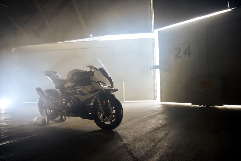 BMW S 1000 RR motorcycle in warehouse
