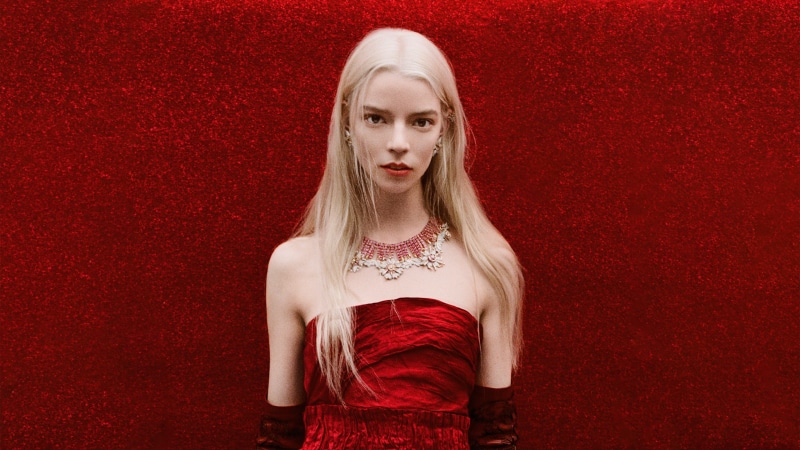 Anya Taylor-Joy in red dress and necklace