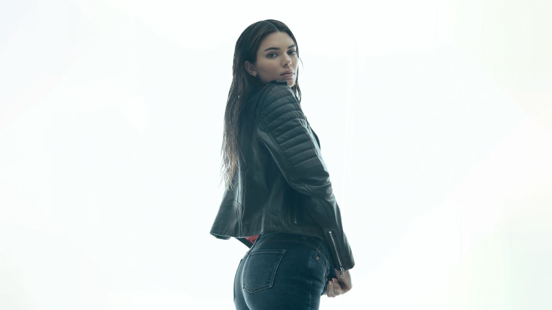 Kendall Jenner in a black leather jacket and jeans