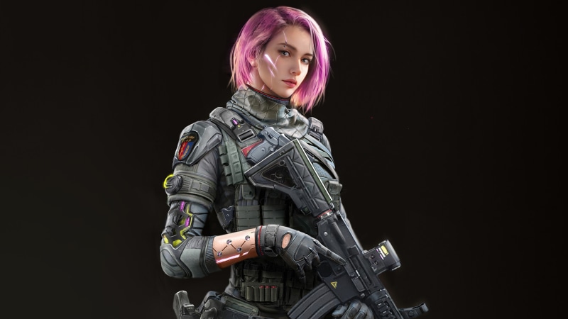 Sci-fi warrior with pink hair and rifle