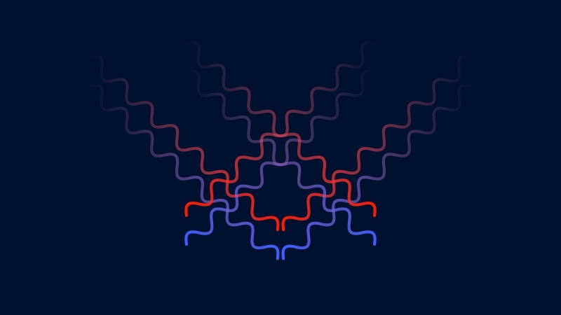 Abstract wavy lines in red and blue on dark background