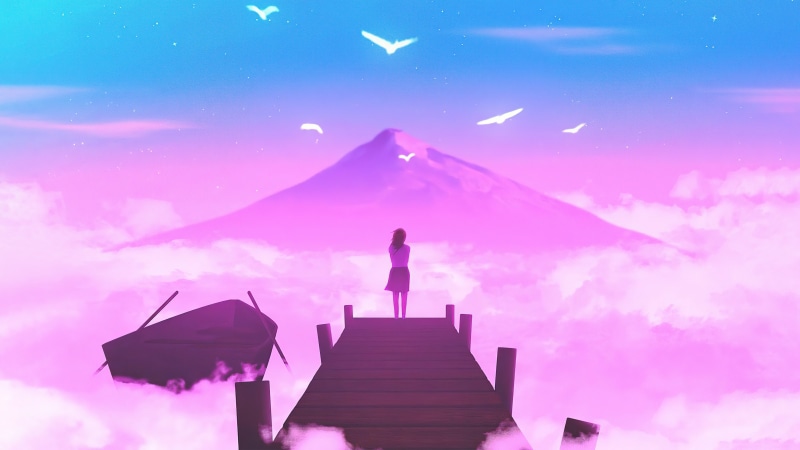Girl on pier overlooking mountain and clouds 4K