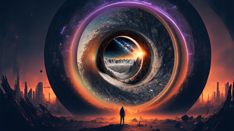 Sci-fi portal with a lone figure in a desolate landscape