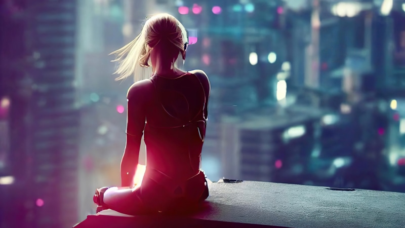 Cyberpunk woman sitting on a rooftop overlooking a city