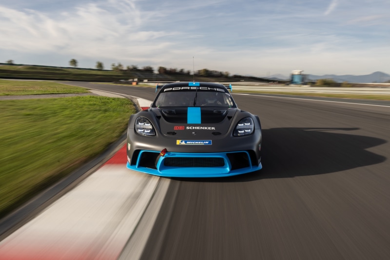 Porsche 718 GT4 ePerformance on a race track