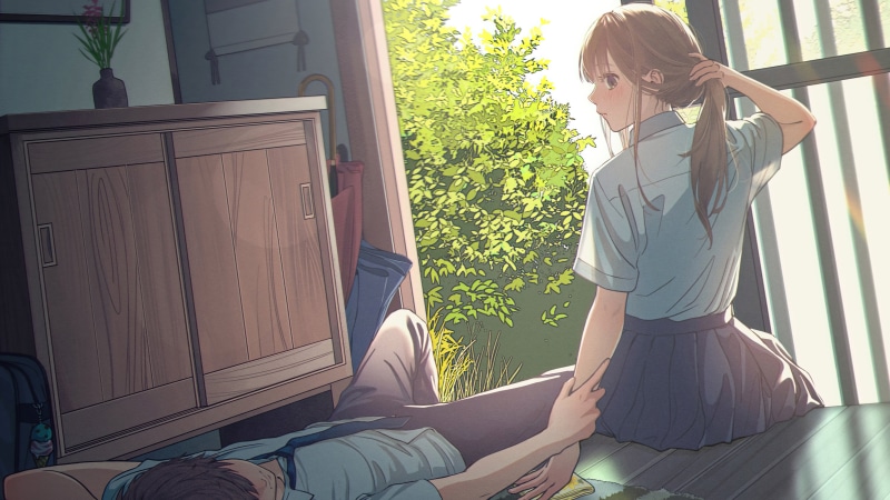 Anime artwork of a couple in a room with sunlight