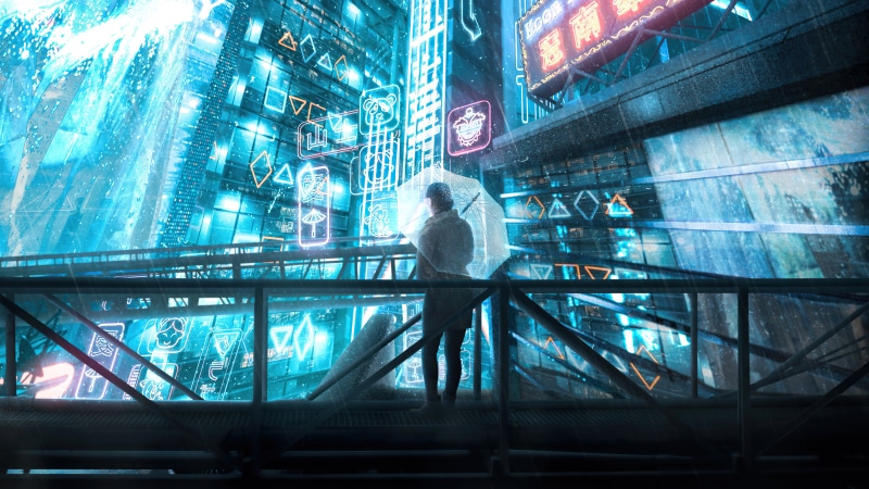 Cyberpunk city with a person holding an umbrella