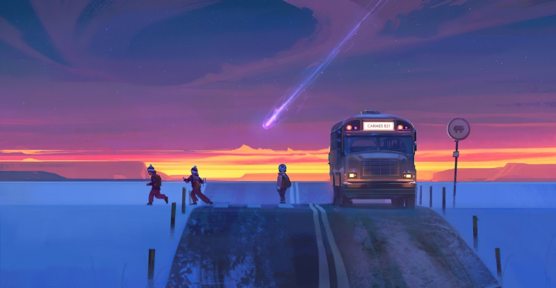 Children at a bus stop under a shooting star