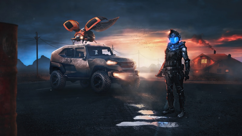 Sci-fi soldier with armored vehicle and drone