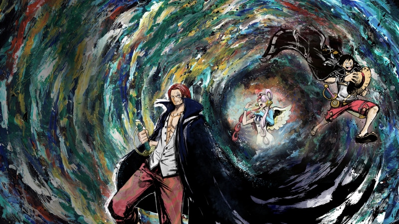 Shanks, Luffy, and Uta from One Piece Film Red