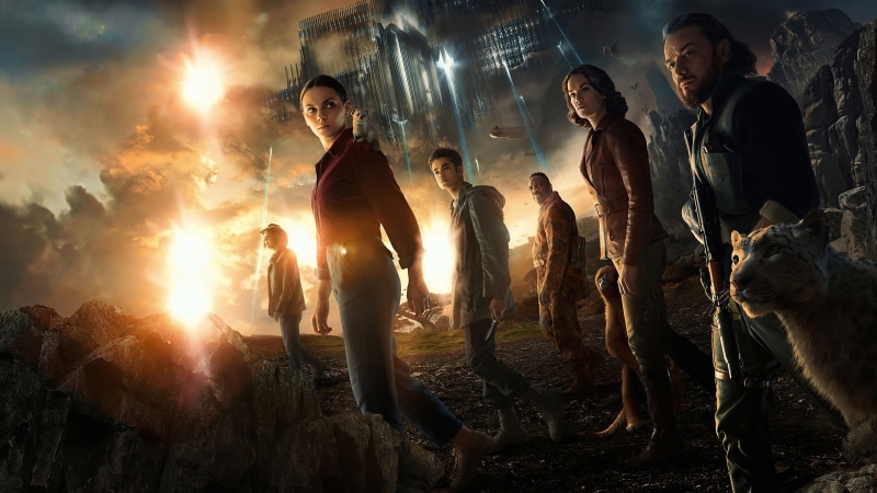 His Dark Materials characters with a futuristic city in the background