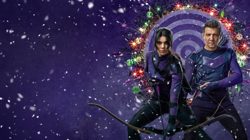 Hawkeye TV Series characters with Christmas decorations