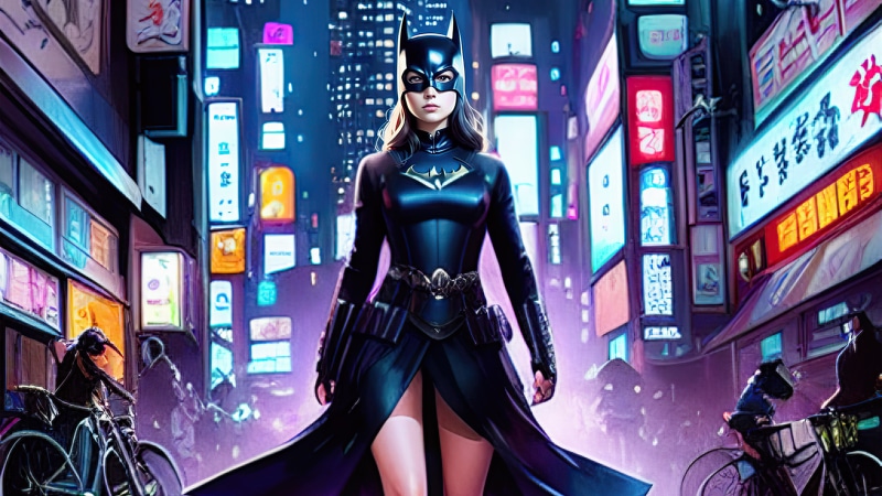 Batgirl in a neon-lit city street