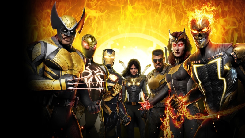 Marvel's Midnight Suns characters in gold and black suits