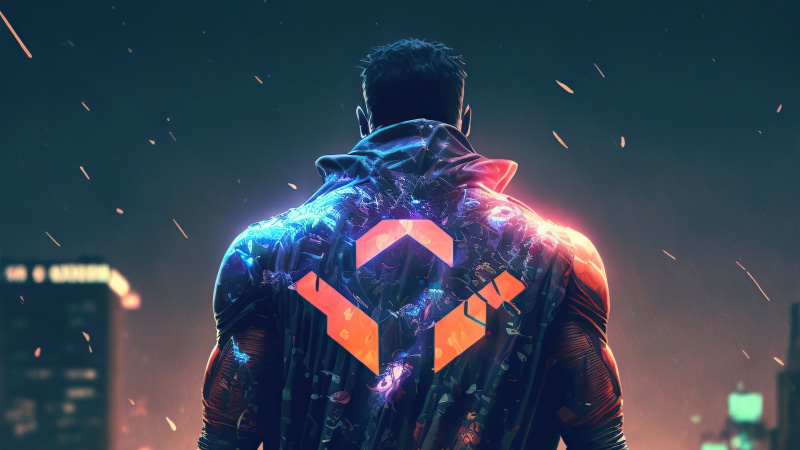 Man with glowing symbol on jacket in city at night