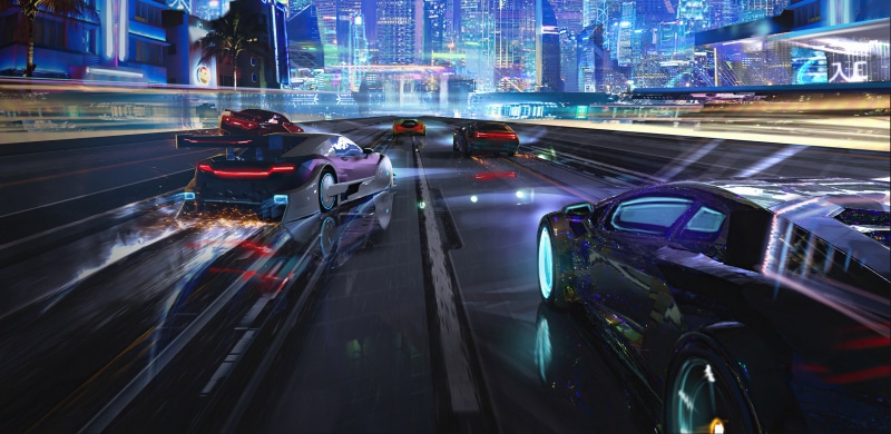 Futuristic racing cars in a neon city