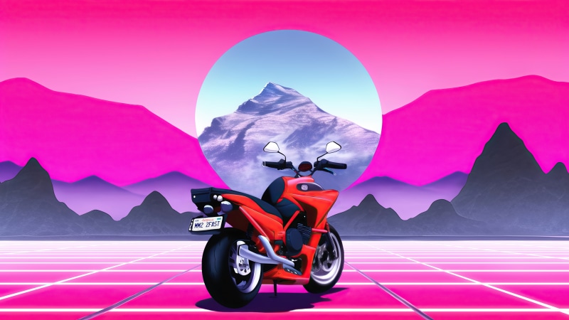 Red motorcycle on a retrowave grid with mountains and sun