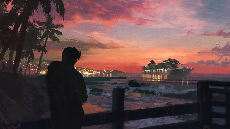Person watching cruise ship at sunset
