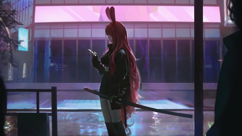 Anime girl with bunny ears and katana holding phone