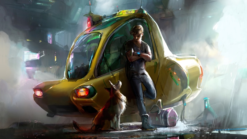 Man and dog with futuristic vehicle