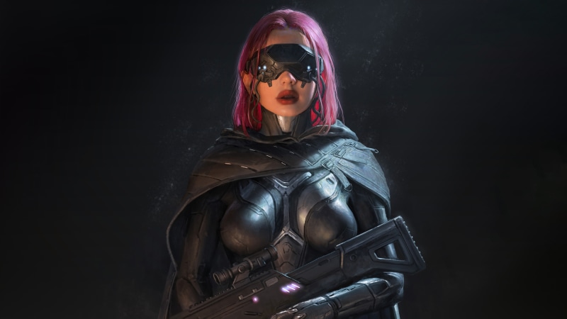 Woman with pink hair and futuristic goggles holding a gun