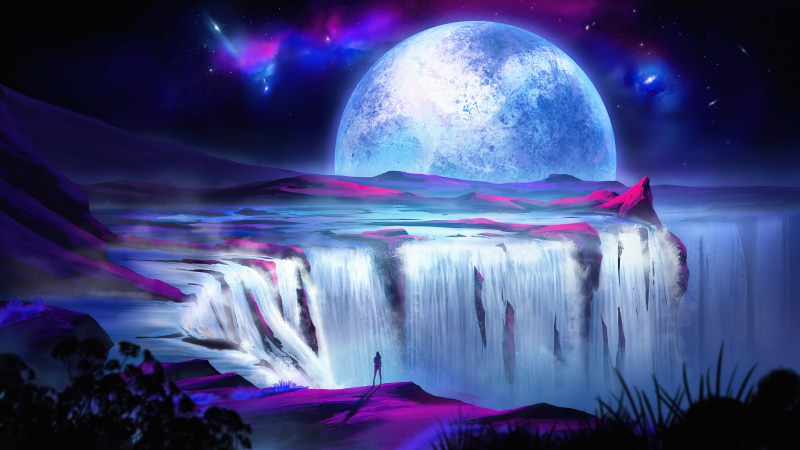 Digital Art of a Waterfall Under a Large Moon